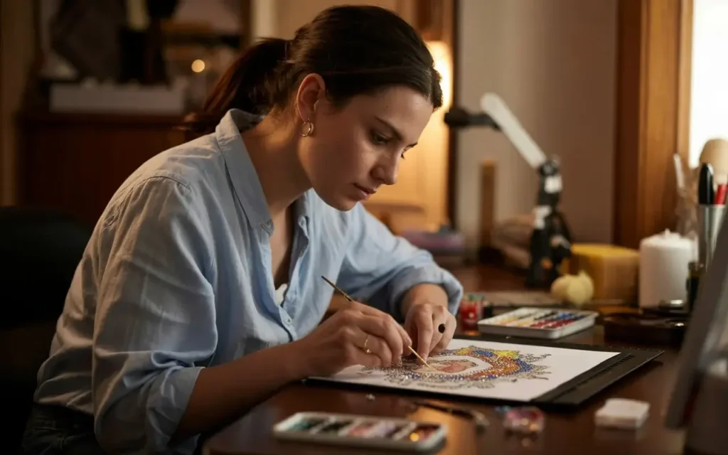 Une femme en train de pratiquer son loisir préféré le diamond painting
