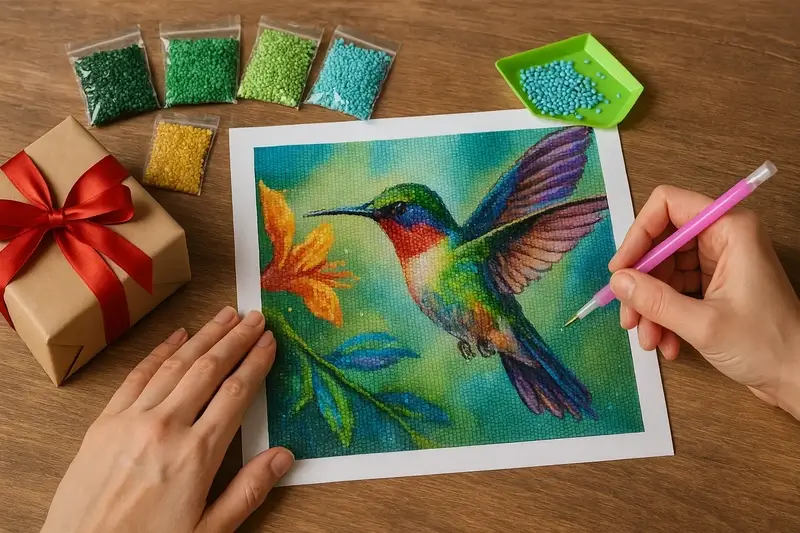 Une personne qui termine son cadeau diamond painting