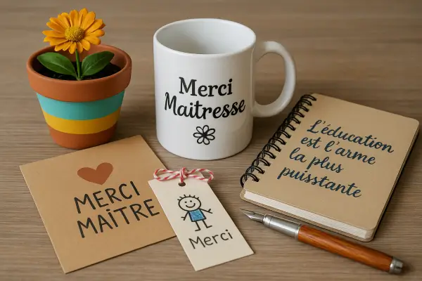 Des cadeaux personnalisés pour maitresse : tase, carnet, crayon, pot de fleur