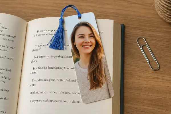 Un marque-page personnalisé avec une photo de femme posé sur un livre