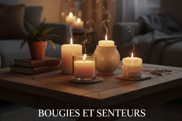 Des bougies intérieures posées sur une table basse
