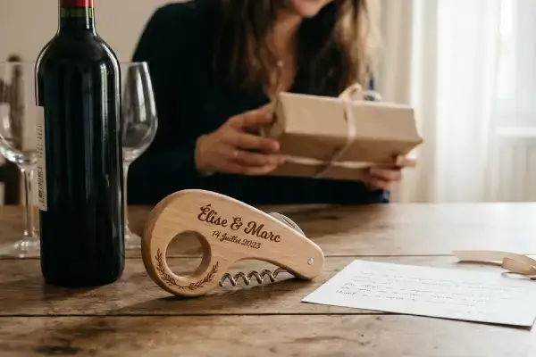 Un tir bouchon personnalisé placé à coté d'une bouteille de vin