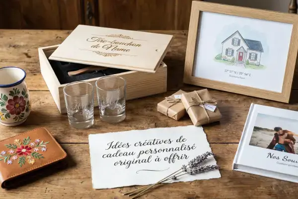 Des cadeaux personnalisés posés sur une table en vois