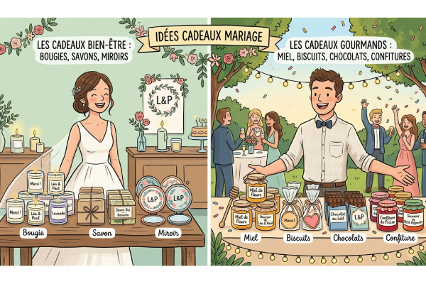 Illustration de cadeaux pour les invités d'un mariage