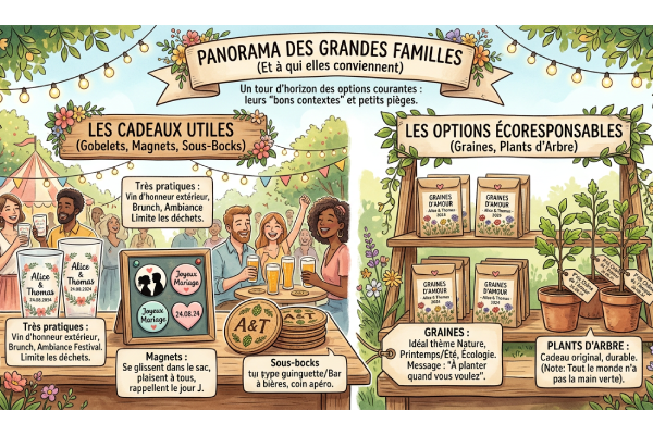 Illustration qui répertorie les familles de cadeau pour invités à un mariage