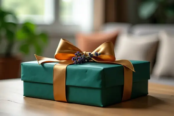 Un cadeau vert posé sur une table base en bois