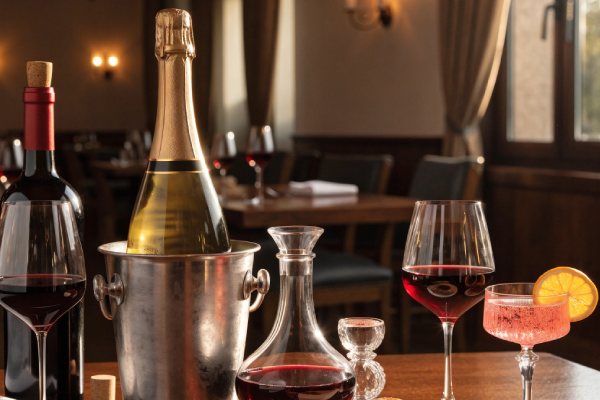 Une table de restaurant avec du vin et des verres