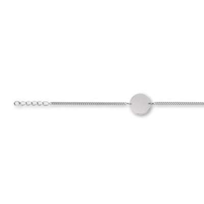 Bracelet en argent rhodié chaîne maille serrée avec plaque ronde à graver au milieu - longueur 17cm + 3 cm de rallonge