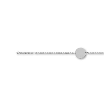 Bracelet en argent rhodié chaîne maille forçat avec plaque ronde à graver au milieu - longueur 17cm + 3cm de rallonge