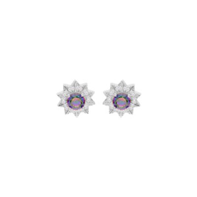 Boucles d'oreille en argent rhodié étoile avec oxyde arc en ciel mystique contour oxydes blancs et fermoir poussette
