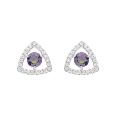 Boucles d'oreille en argent rhodié triangle avec oxyde arc en ciel mystique contour oxydes blancs et fermoir poussette