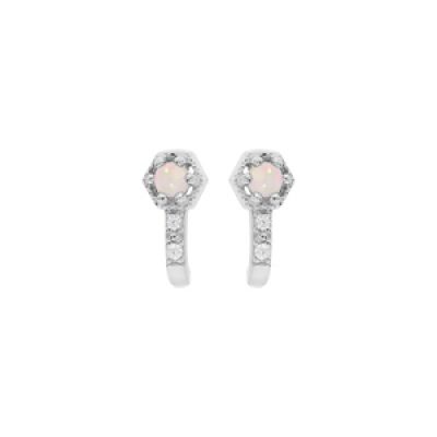 Boucles d'oreille en argent rhodié Opale véritable et barette oxydes blancs sertis et fermoir poussette