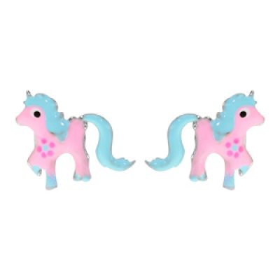 Boucles d'oreille enfant en argent rhodié poney rose et bleu avec fermoir poussette