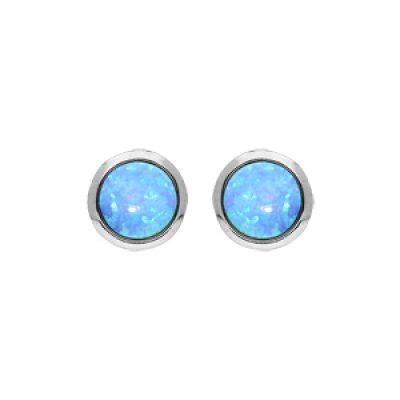 Boucles d'oreille en argent rhodié Opale de synthèse bleue ronde et fermoir poussette