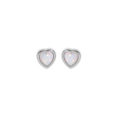 Boucles d'oreille en argent rhodié coeur avec Opale blanche de synthèse et fermoir poussette