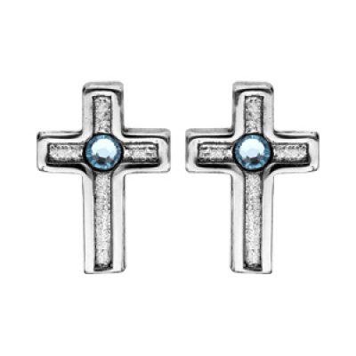 Boucles d'oreille en argent rhodié Croix avec cristal de Swarovski bleu ciel et fermoir poussette