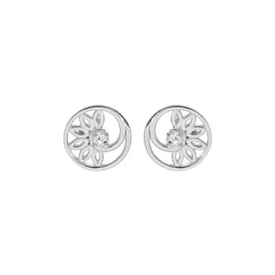 Boucles d'oreille en argent rhodié cercle motif fleur et oxyde blanc et fermoir poussette