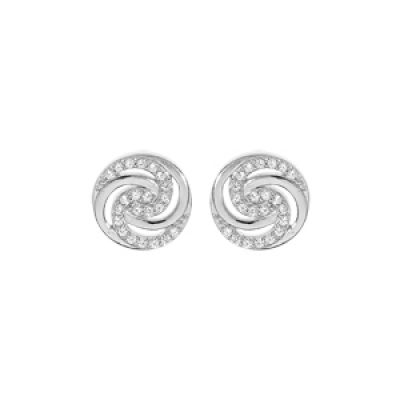 Boucles d'oreille en argent rhodié cercle motif spirale d' oxydes blancs et fermoir poussette