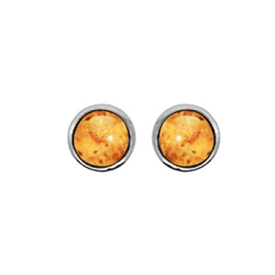 Boucles d'oreille en argent rhodié rond en ambre véritable cerclé et fermoir poussette