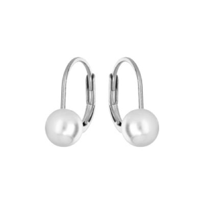 Boucles d'oreille en argent rhodié perle blanche de synthèse 6mm et fermoir dormeuse