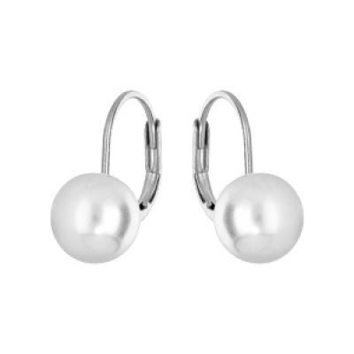 Boucles d'oreille en argent rhodié perle blanche de synthèse 8mm et fermoir dormeuse
