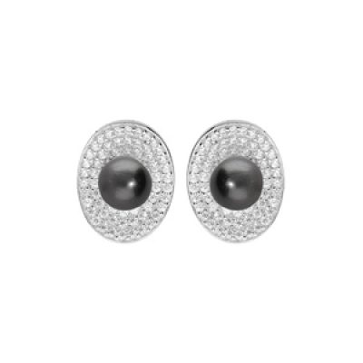 Boucles d'oreille en argent rhodié ovale pavé d'oxydes blancs sertis et Perle noire de Tahiti véritable 7mm et fermoir poussette