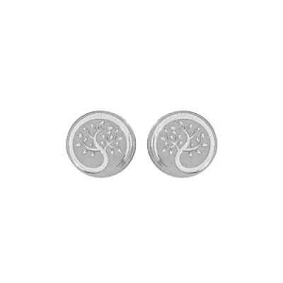 Boucles d'oreille en argent rhodié ronde avec motif arbre de vie et fermoir poussette