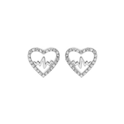 Boucles d'oreille en argent rhodié coeur avec ligne de vie et oxydes blancs sertis et fermoir poussette