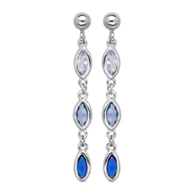 Boucles d'oreille pendantes en argent rhodié 3 oxydes sertis degrade de bleu et blanc et fermoir poussette