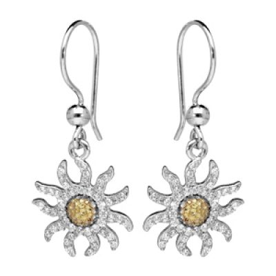 Boucles d'oreille pendantes en argent rhodié crochhet fleur de soleil oxydes blancs et fermoir crochet