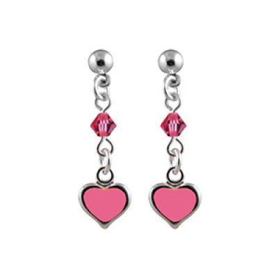 Boucles d'oreilles pour enfant en argent chaînette avec oxyde rose et pampille coeur rose avec fermoir poussette