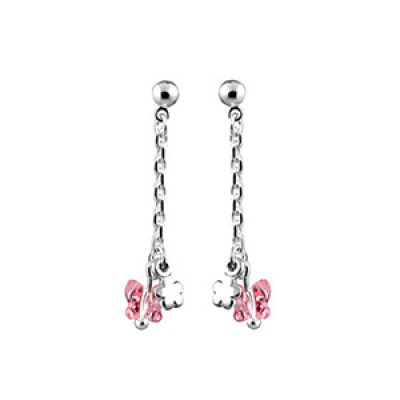Boucles d'oreilles pendantes en argent petite chaînette avec pampilles papillon en oxyde rose et petite fleur et fermoir poussette