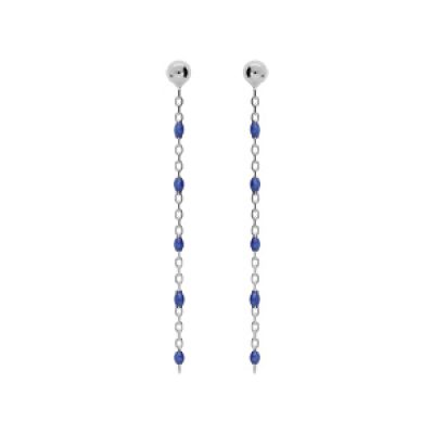 Boucles d'oreille en argent rhodié chaînette avec perles bleu foncé et fermoir poussette