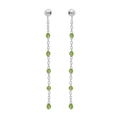 Boucles d'oreille en argent rhodié chaînette avec olives couleur vert transparent et fermoir poussette