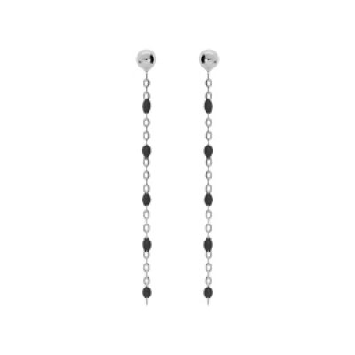 Boucles d'oreille en argent rhodié chaînette avec perles noires et fermoir poussette