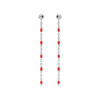Boucles d'oreille en argent rhodié chaînette avec perles rouges et fermoir poussette