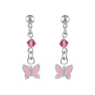Boucles d'oreilles pour enfant en argent chaînette avec oxyde rose et pampille papillon rose avec fermoir poussette