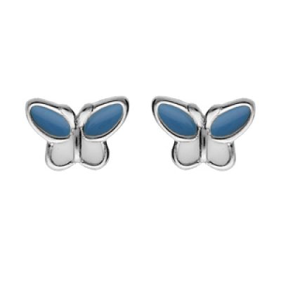 Boucles d'oreille en argent rhodié papillon bleu et blanc et fermoir poussette