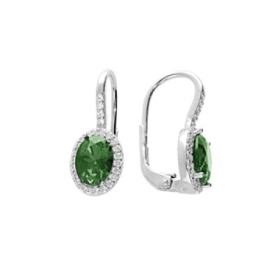 Boucles d'oreille en argent rhodié grosse pierre centrale verte avec contour d'oxydes blancs sertis et fermoir dormeuse