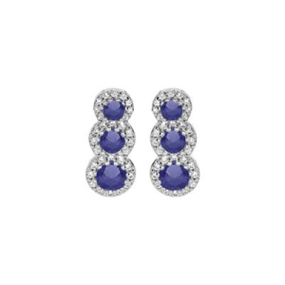 Boucles d'oreille en argent rhodié 3 pierres bleues en chute et contour oxydes blancs sertis et fermoir poussette
