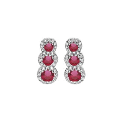 Boucles d'oreille en argent rhodié 3 pierres roses en chute et contour oxydes blancs sertis et fermoir poussette