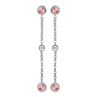 Boucles d'oreille pendantes en argent rhodié avec oxydes rose et boule lisse et fermoir poussette