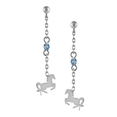 Boucles d'oreilles pendantes en argent rhodié chaînette longue avec oxyde bleu au milieu et cheval à l'extrémité et fermoir clou avec poussette
