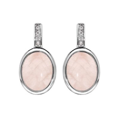 Boucles d'oreille en argent rhodié pierre quartz rose ovale avec oxydes blancs et fermoir poussette