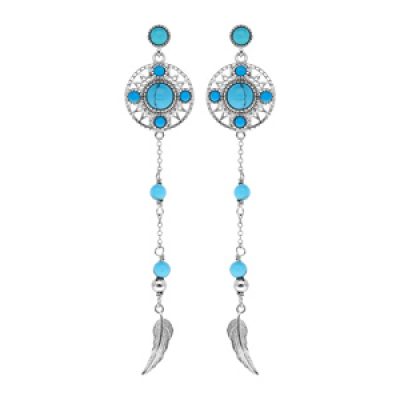 Boucles d'oreille pendantes en argent rhodié ethnique avec turquoise de synthèse et plume et fermoir poussette