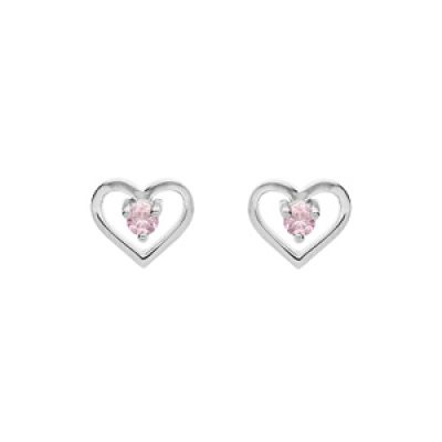 Boucles d'oreille en argent platiné coeur avec oxyde rose et fermoir poussette