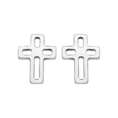 Boucles d'oreille en argent rhodié croix ajourée et fermoir poussette