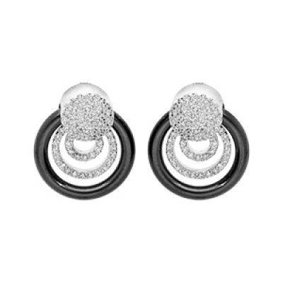 Boucles d'oreille en argent rhodié massif avec anneau n céramique noire et pastilles oxydes blancs sertis et fermoir poussette