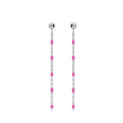 Boucles d'oreille en argent rhodié chaînette avec perles rose fluo et fermoir poussette