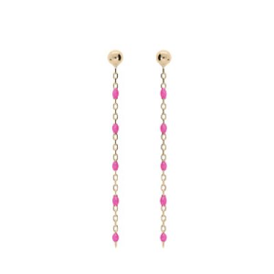 Boucles d'oreille en argent et dorure jaune avec perles rose fluo et fermoir poussette